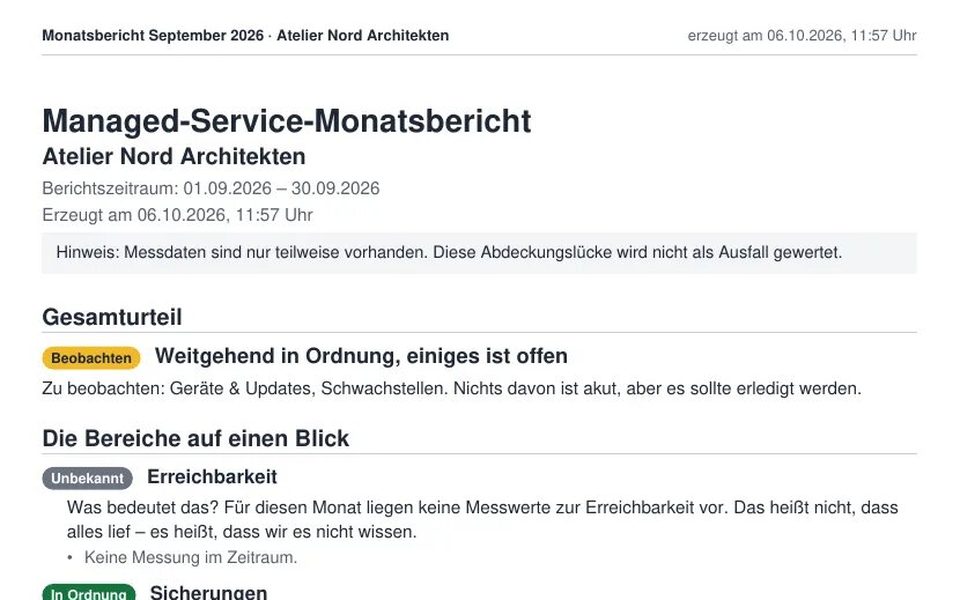 Erste Seite des Monatsberichts mit Gesamturteil „Weitgehend in Ordnung, einiges ist offen“ und den Bereichen mit Ampel.